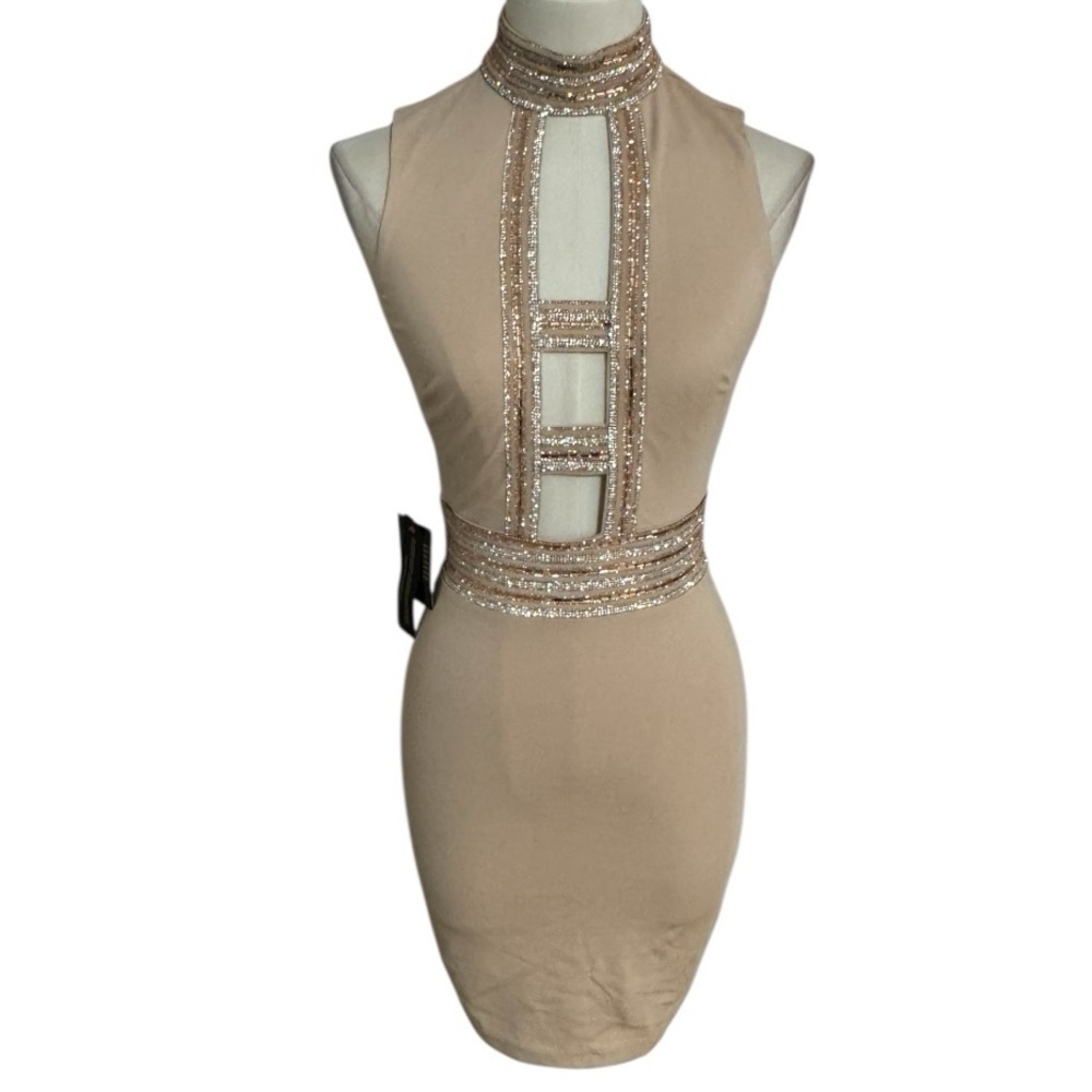 BEBE Nude Pink‎ Bodycon Mini Dress Crystals Rhinestones Exposed Front Sz 0 Party